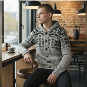 Coupé men's wool blend button up hooded jacket Nordic sweater XXL